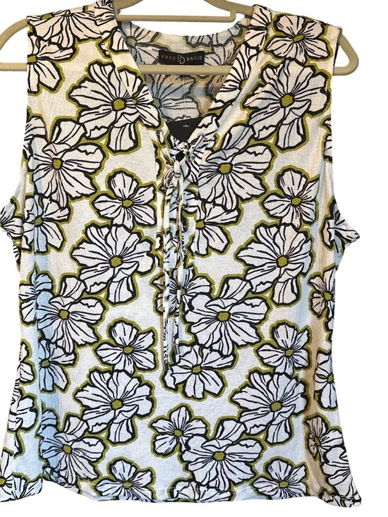Fred David Tops - Fred David Sleeveless Floral Lace-Up Blouse XL Black & Green Daisy Print Lightwe